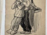 drawing of a group of people standing next to each other on top of a table