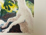 a picture of a painting of a goat in the woods
