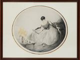 tableau représentant une femme en robe blanche en train de lire un livre