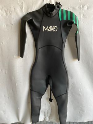 black and green wetsuit with green stripes on the chest and chest
