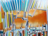 a painting of a view of a city from a window