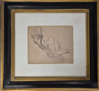 un dessin représentant une femme nue allongée, dans un cadre noir et doré
