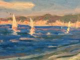 an oil painting of sailboats on a beach near the ocean
