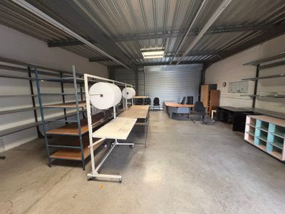 a room that has a lot of shelves and tables in it
