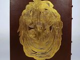 an image of a book with a gold plated face on it