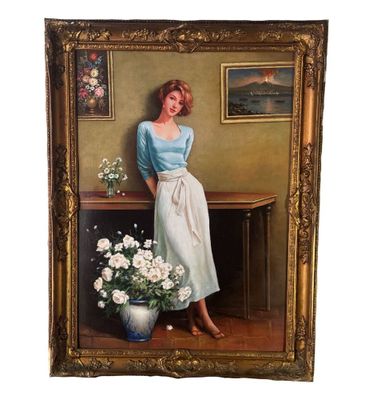 une image représentant un tableau où l'on voit une femme debout à côté d'un vase de fleurs