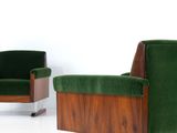 pair of mid century danish lounge chairs with green velvet upholstered seats