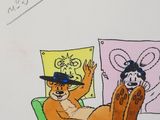 a drawing of a dog in a wagon with a cat in it