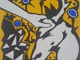 painting of a deer with horns and blue eyes on a yellow background