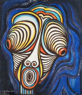 a painting of a woman ' s face with a swirly pattern on it