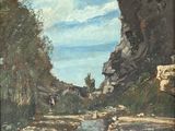 une peinture à l'huile représentant un ruisseau qui coule dans une vallée rocheuse