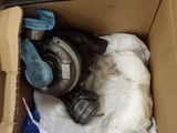 a cardboard box with a gas mask and gloves inside of it