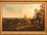 an oil painting of a view of a city from a hill