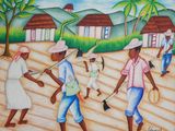 tableau représentant un groupe de personnes marchant sur une plage, avec des palmiers et des maisons en arrière-plan