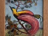 un tableau représentant un oiseau perché sur une branche d'arbre