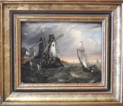 an oil painting of a boat in a body of water with a windmill in the background