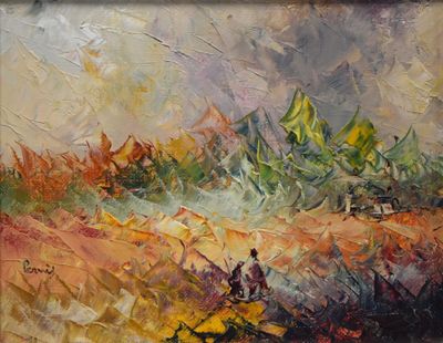une peinture à l'huile représentant une personne à cheval dans un champ