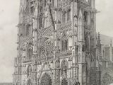 an old drawing of a large cathedral with people walking around it