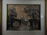 painting of a bridge over a body of water with a church in the background