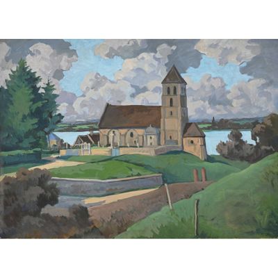 une peinture à l'huile représentant une église sur une colline, avec un lac en arrière-plan