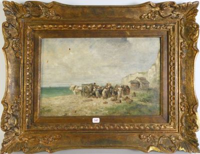 une image d'un tableau représentant un groupe de personnes sur une plage