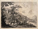 drawing of a group of people riding horses in a wooded area