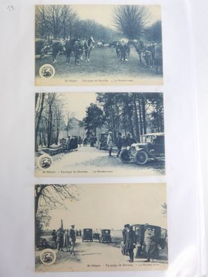three black and white photos of people and horses in a field