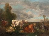 un tableau représentant des vaches dans un champ, avec le ciel en arrière-plan