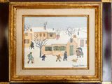 un tableau représentant des personnes marchant dans la neige devant une maison