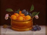 a painting of a bowl of oranges and plums on a table