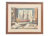 painting of a ship in a room with books and a clock