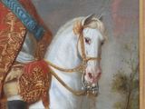 painting of a man riding a white horse in a wooded setting