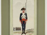 a painting of a man in uniform standing next to a sword