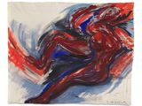 une peinture abstraite représentant un homme en rouge et bleu sur fond blanc