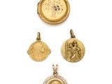 three gold lockes with a picture of a man and a woman