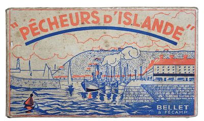 une vieille boîte d'allumettes sur laquelle figure l'image d'un bateau sur l'eau
