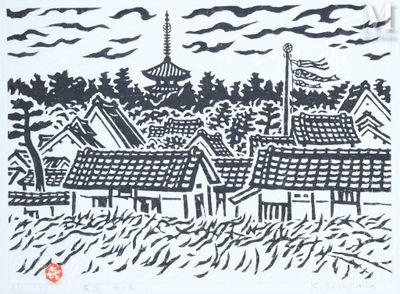 un dessin en noir et blanc représentant un village avec une tour horloge en arrière-plan