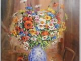 a painting of flowers in a blue vase on a table