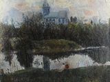 un tableau représentant une personne assise dans l'herbe au bord d'un lac