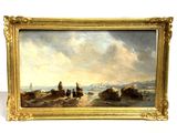 a painting of a man riding a horse on the beach