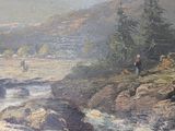 a painting of a man and a woman fishing on a river