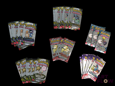 a lot of pokemon trading cards on a black background