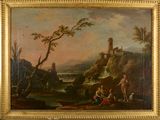 painting of a landscape with figures and a castle in the background