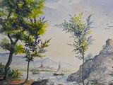 a watercolor painting of a river with a castle in the background