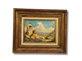 une peinture à l'huile d'un paysage avec un château au loin