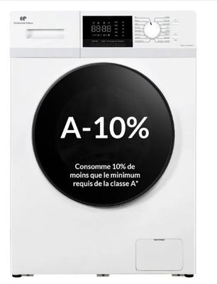 une machine à laver blanche avec un bouton noir sur le devant