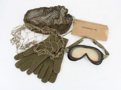 a pair of gloves, goggles and a net on the ground