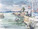 a watercolor painting of a lighthouse and a boat on the water