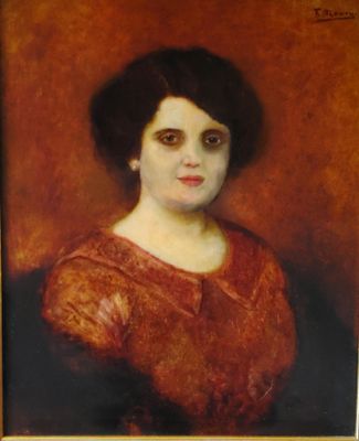tableau représentant une femme en robe rouge sur fond marron