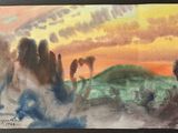 une image représentant un tableau représentant une scène désertique avec un coucher de soleil en arrière-plan